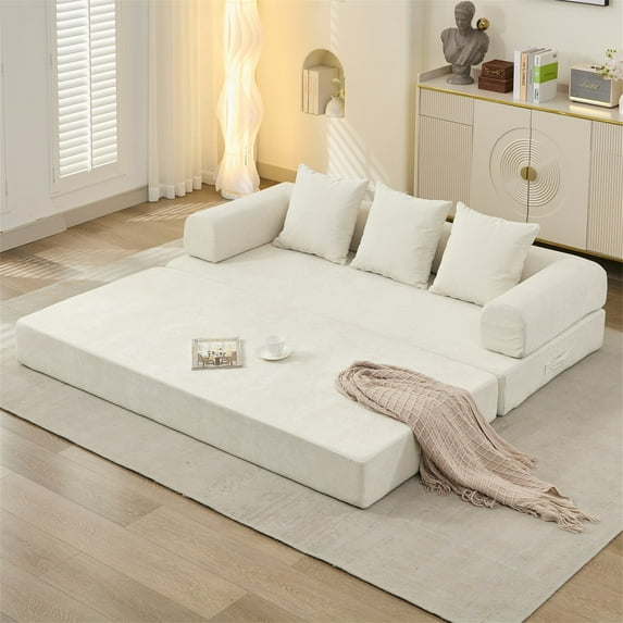 Aukfa Convertible Sleeper Sofa Bed King Floor Futon Couch for Living Room Bedroom, Chenille, Beige