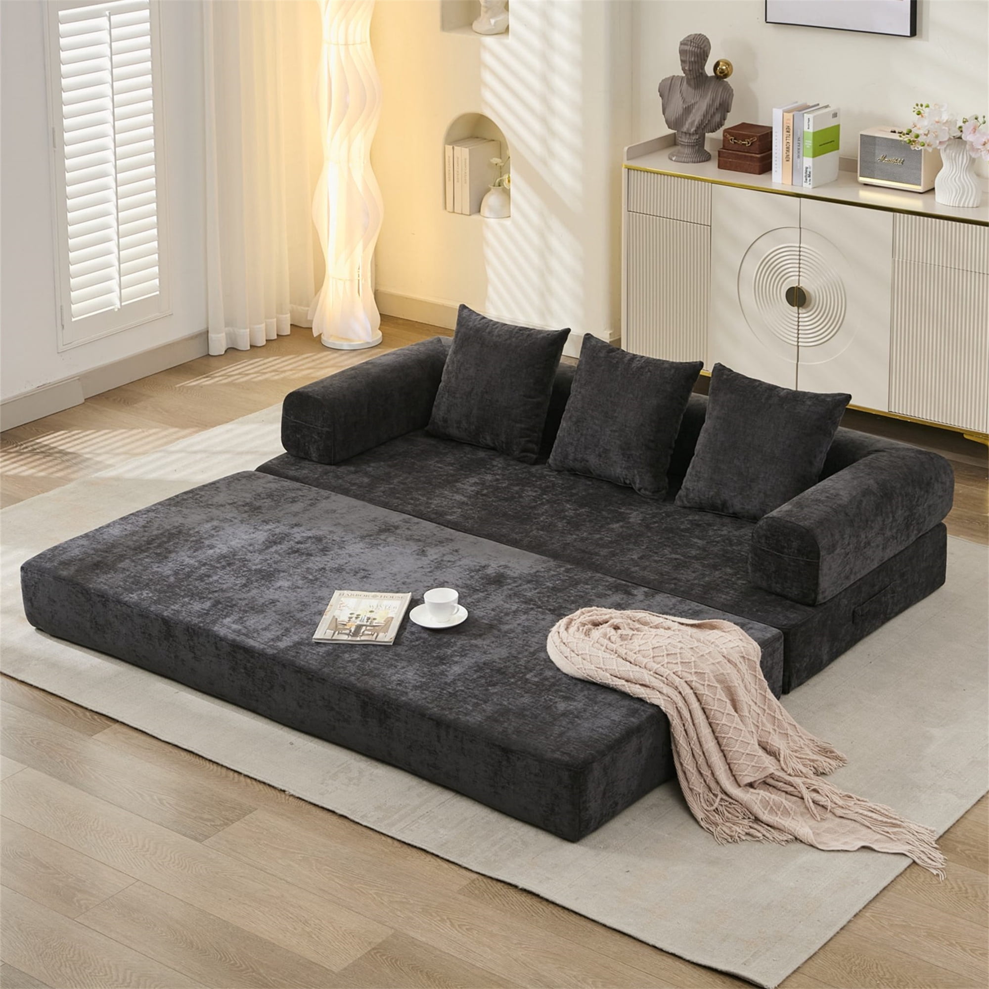 Aukfa Convertible Sleeper Sofa Bed King Floor Futon Couch for Living Room Bedroom, Chenille, Black