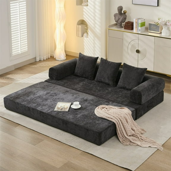 Aukfa Convertible Sleeper Sofa Bed King Floor Futon Couch for Living Room Bedroom, Chenille, Black