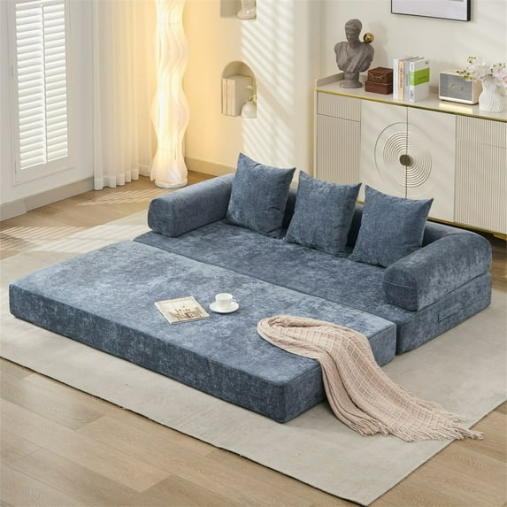 Aukfa Convertible Sleeper Sofa Bed King Floor Futon Couch for Living Room Bedroom, Chenille, Blue