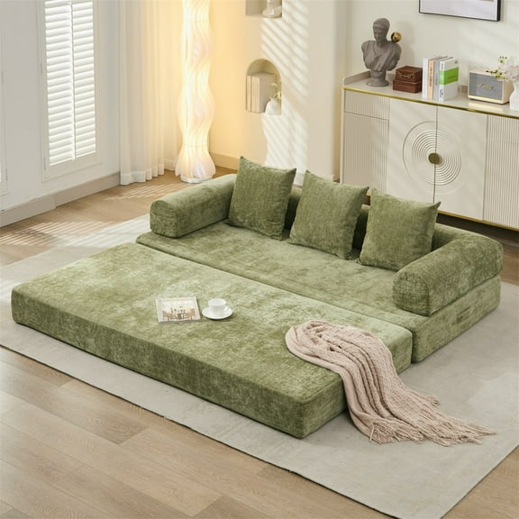 Aukfa Convertible Sleeper Sofa Bed King Floor Futon Couch for Living Room Bedroom, Chenille, Green