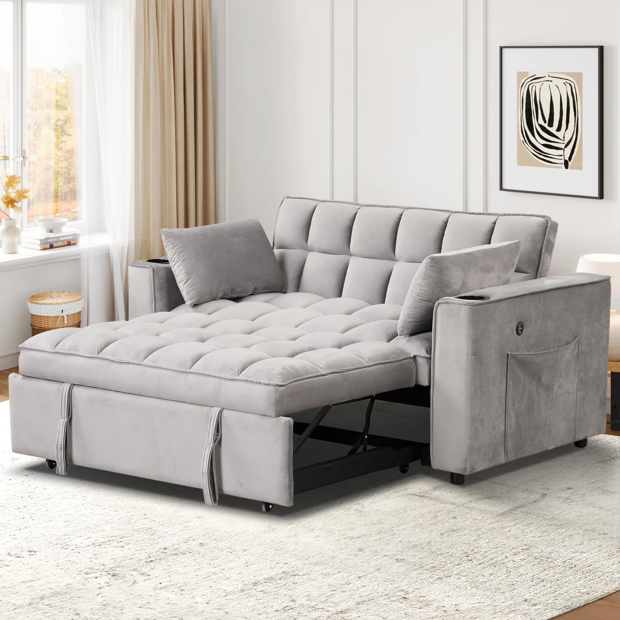 Aukfa Convertible Sleeper Sofa Bed, Pull Out Couch with USB Ports and Cup Holders, Gray