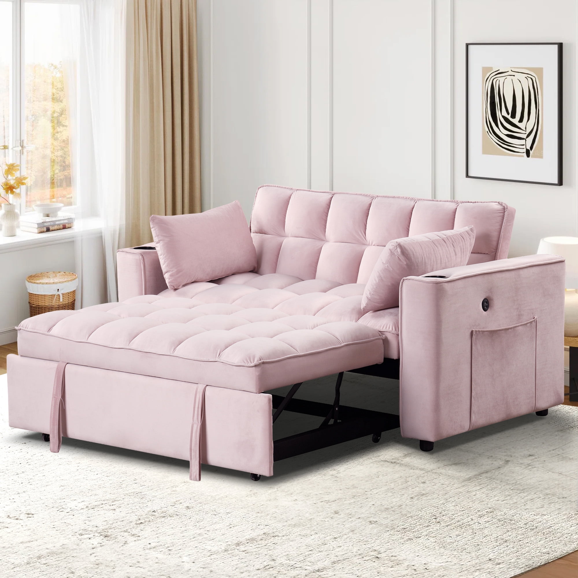 Aukfa Convertible Sleeper Sofa Bed, Pull Out Couch with USB Ports and Cup Holders, Pink