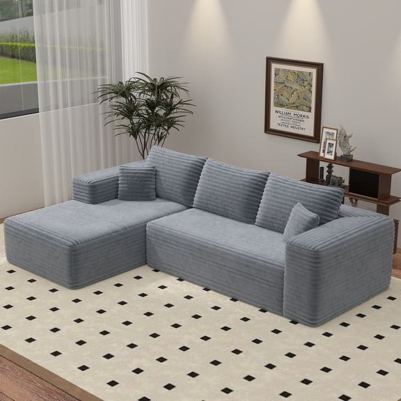 Aukfa 106" Cloud Sectional Sofa Boneless Couch Modular Sofa Bed for Living Room, 2Pillows, Left Chiase, Corduroy, Gray