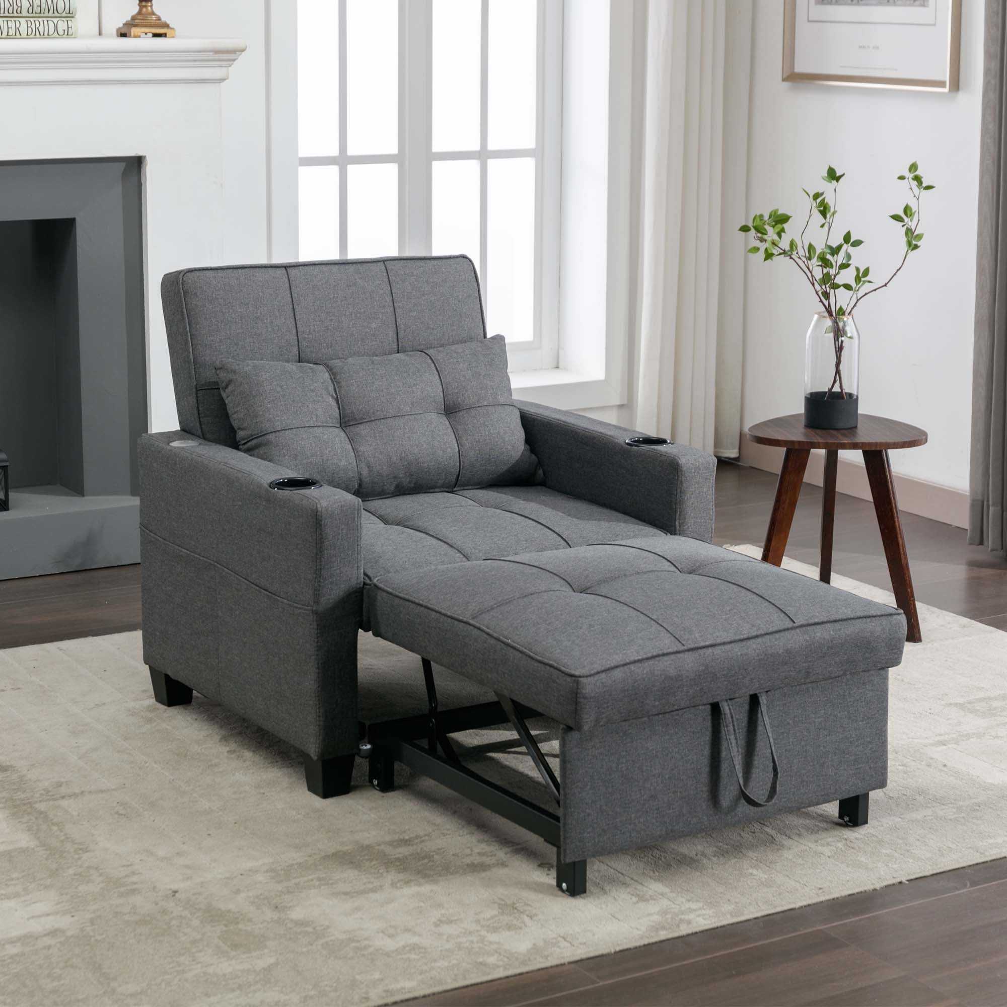 Aukfa Convertible Sleeper Sofa Chair, Futon Chair Bed with USB Ports and Cup Holders for Living Room - Gray
