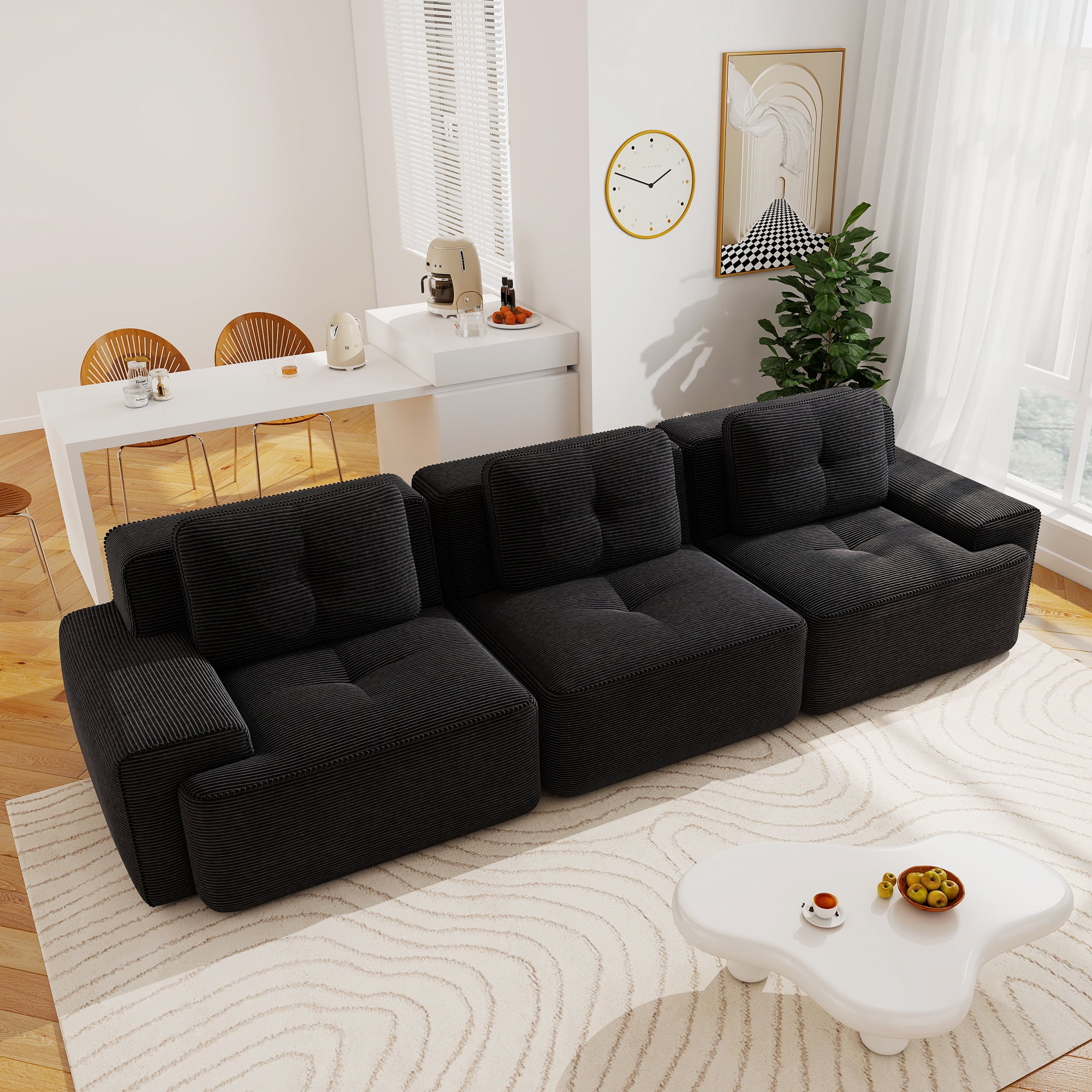 Aukfa Corduroy 3-Piece Modular Sectional Sofa, 93-in Wide Sofa Seat for Living Room, Tufted, Black