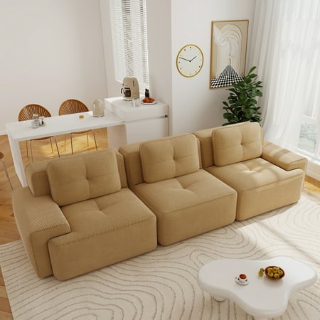 Aukfa Corduroy 3-Piece Modular Sectional Sofa, 93-in Wide Sofa Seat for Living Room, Tufted, Camel