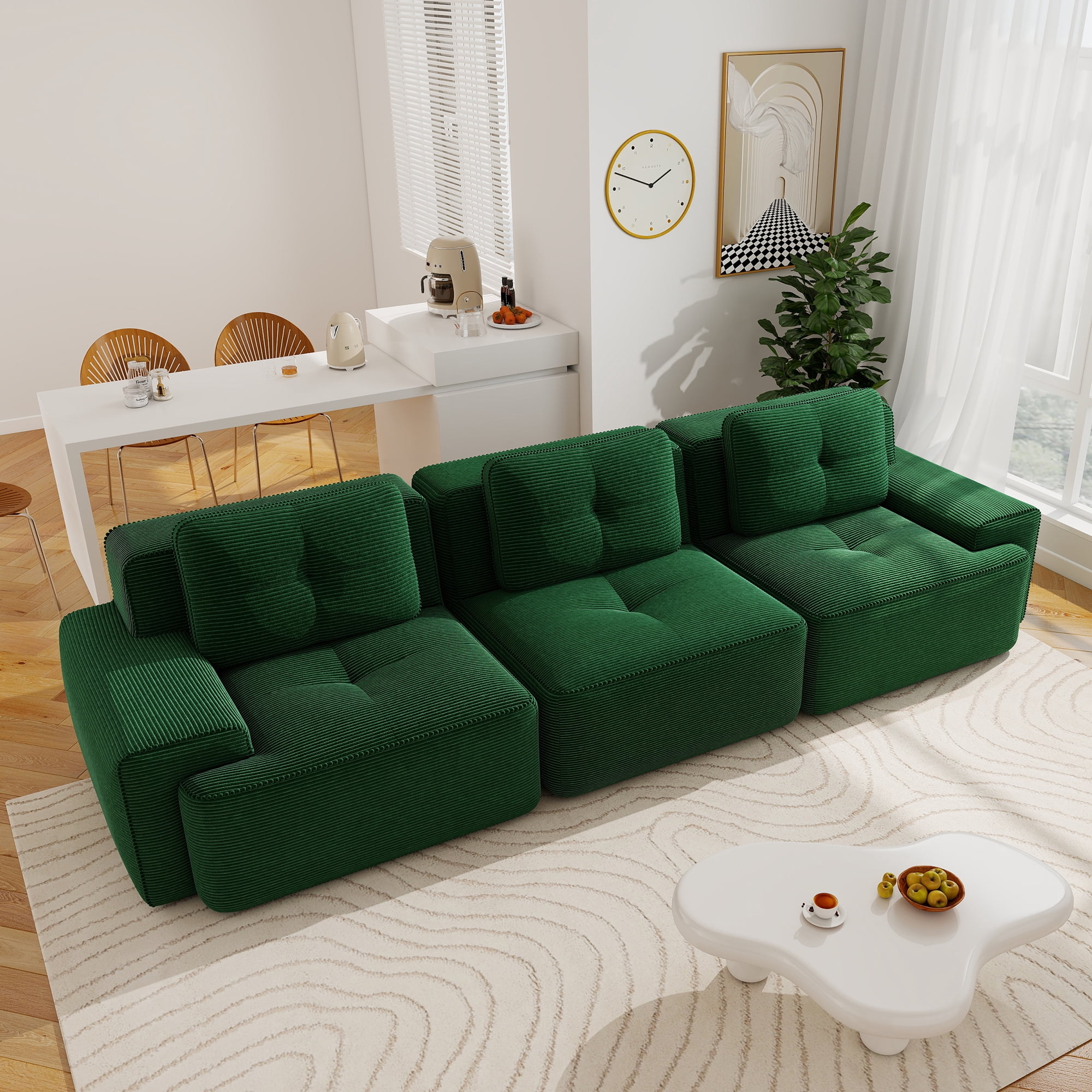 Aukfa Corduroy 3-Piece Modular Sectional Sofa, 93-in Wide Sofa Seat for Living Room, Tufted, Green