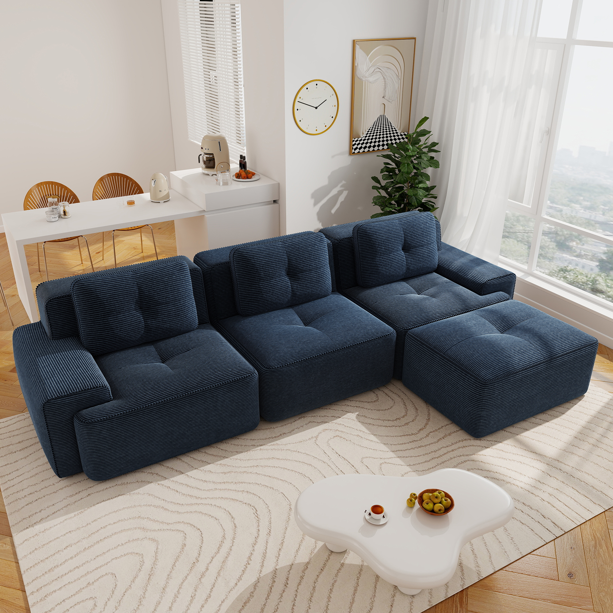 Aukfa Corduroy 4-Piece Modular Sectional Sofa, 93-in Wide 3-Seat Sofa with Ottoman, Tufted Design, Blue