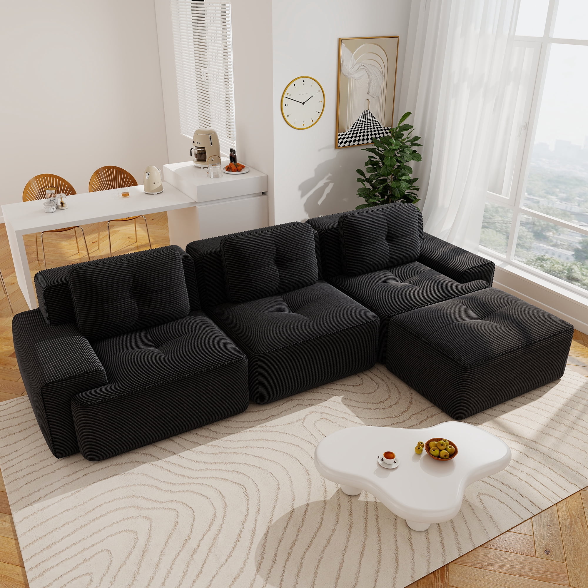 Aukfa Corduroy 4-Piece Modular Sectional Sofa, 93-in Wide 3-Seat Sofa with Ottoman, Tufted Design, Blue