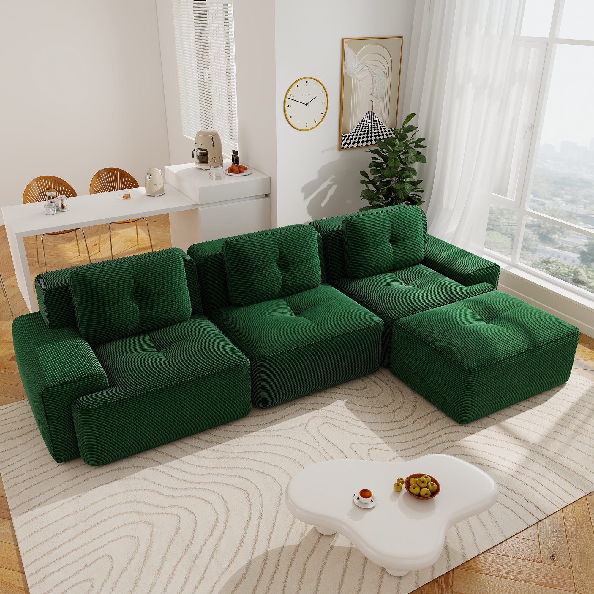 Aukfa Corduroy 4-Piece Modular Sectional Sofa, 93-in Wide 3-Seat Sofa with Ottoman, Tufted Design, Green
