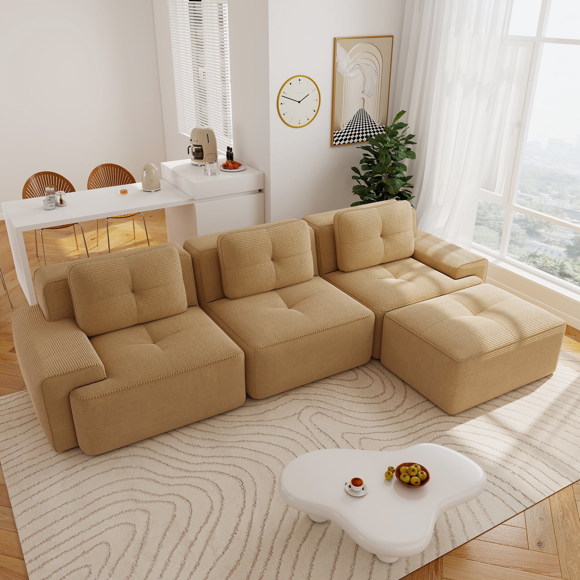 Aukfa Corduroy 4-Piece Modular Sectional Sofa, 93-in Wide Sofa Seat with Ottoman, Tufted Design, Camel