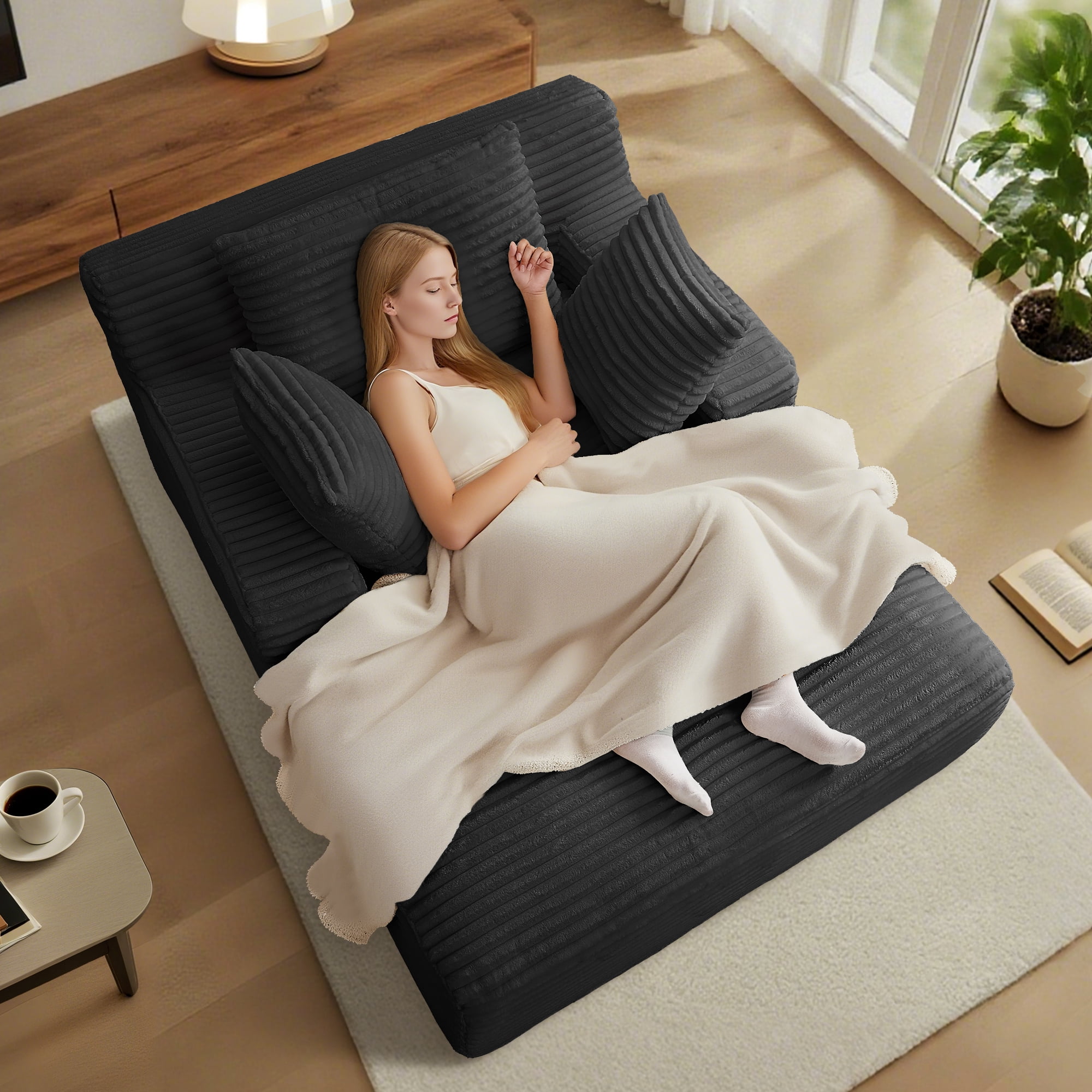 Aukfa Corduroy Chaise Lounge Chair, Oversized Indoor Lounger Floor Sofa Bed for Living Room, Bedroom, Small Space,Black