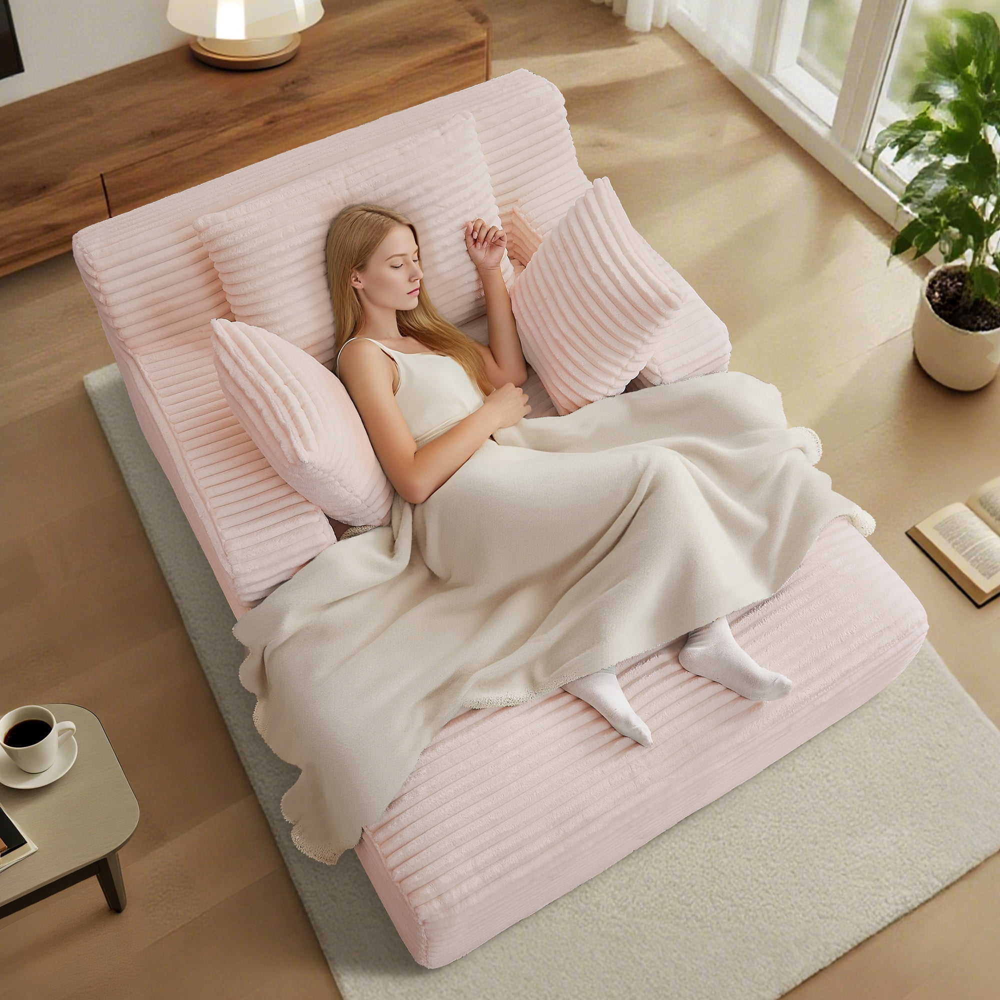 Aukfa Corduroy Chaise Lounge Chair, Oversized Indoor Lounger Floor Sofa Bed for Living Room, Bedroom, Small Space,Pink