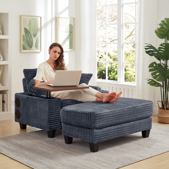 Aukfa Corduroy Chaise Lounge Chair with Ottoman, Hidden Rotating Table, Storage Armrest with Cup Holder, USB Port & Bluetooth Speaker, Dark Gray