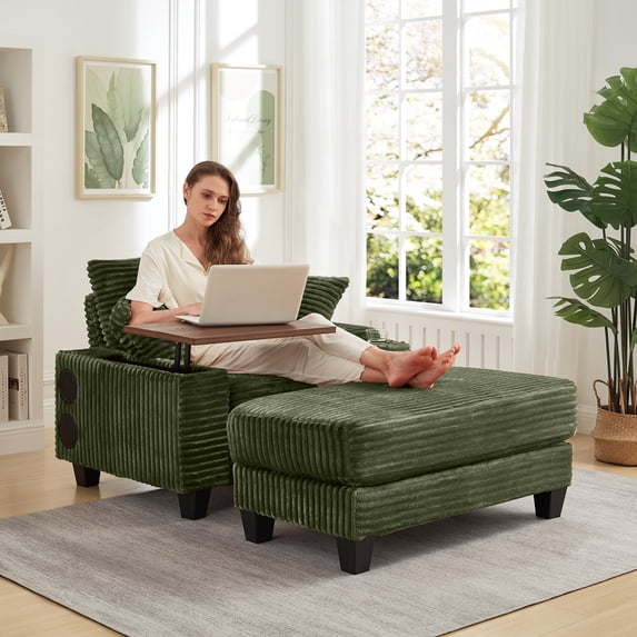 Aukfa Corduroy Chaise Lounge Chair with Ottoman, Hidden Rotating Table, Storage Armrest with Cup Holder, USB Port & Bluetooth Speaker, Olive