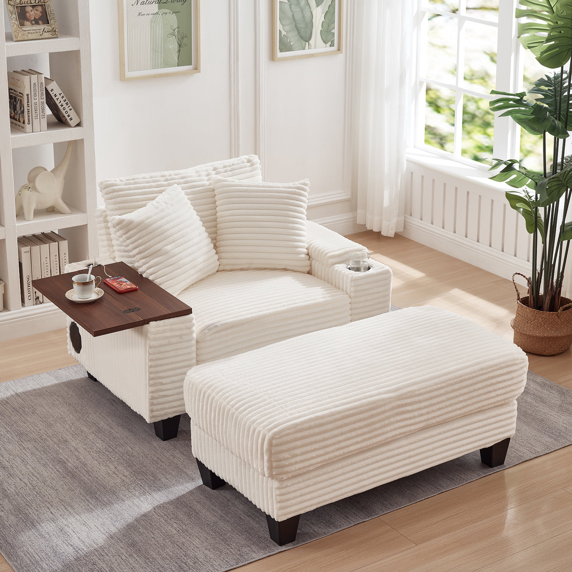 Aukfa Corduroy Chaise Lounge Chair with Ottoman, Hidden Rotating Table, Storage Armrest with Cup Holder, USB Port & Bluetooth Speaker, White