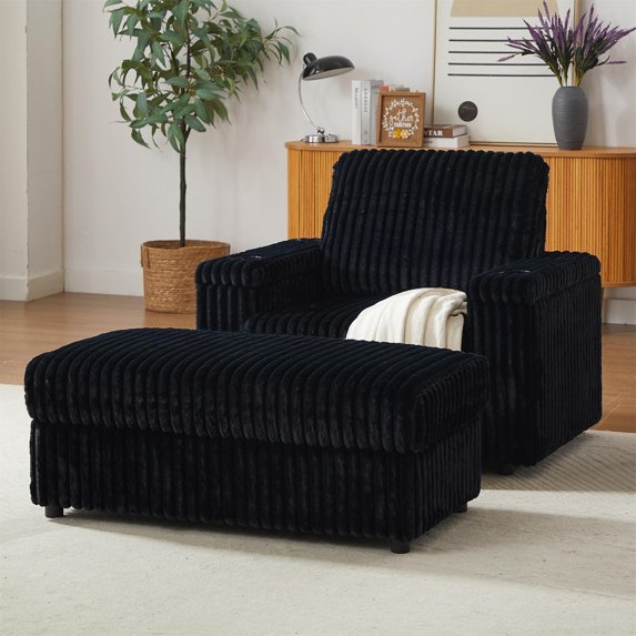 Aukfa Corduroy Chaise Lounge w/ 2 Cupholders, Storage Ottoman Bench, Plush Sofa Chair Bed, Black