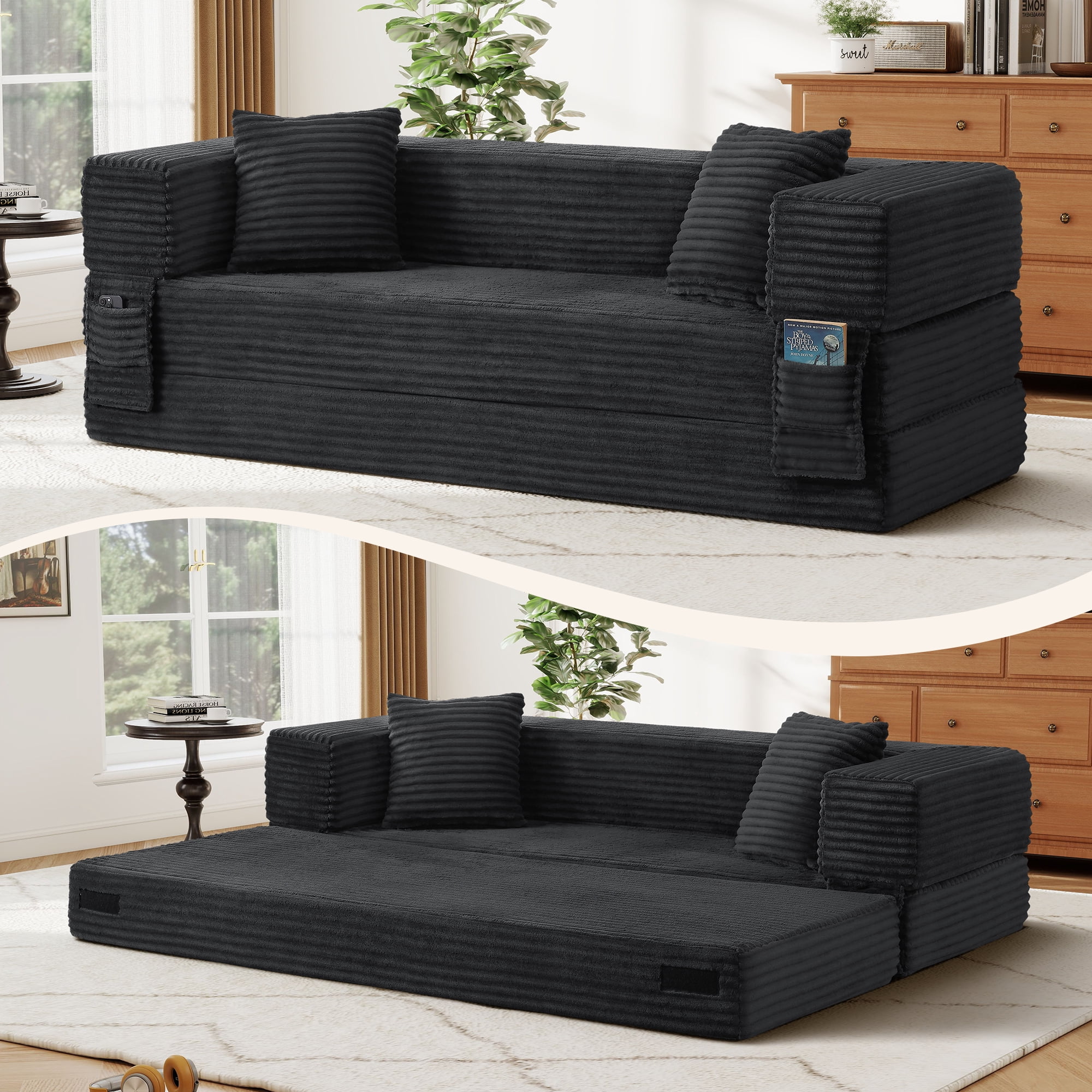 Aukfa 78.7" Corduroy Convertible Sofa Bed, Boneless Sleeper Sofa Couch for Living Room Apartment,Dark Gray