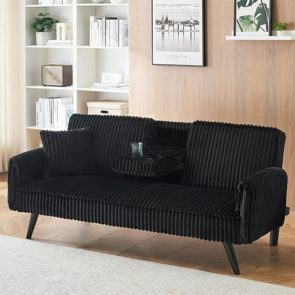 Aukfa Corduroy Futon Convertible Sofa Bed, 2 Cup Holders& Pillow, Straight-line Tufted, Black