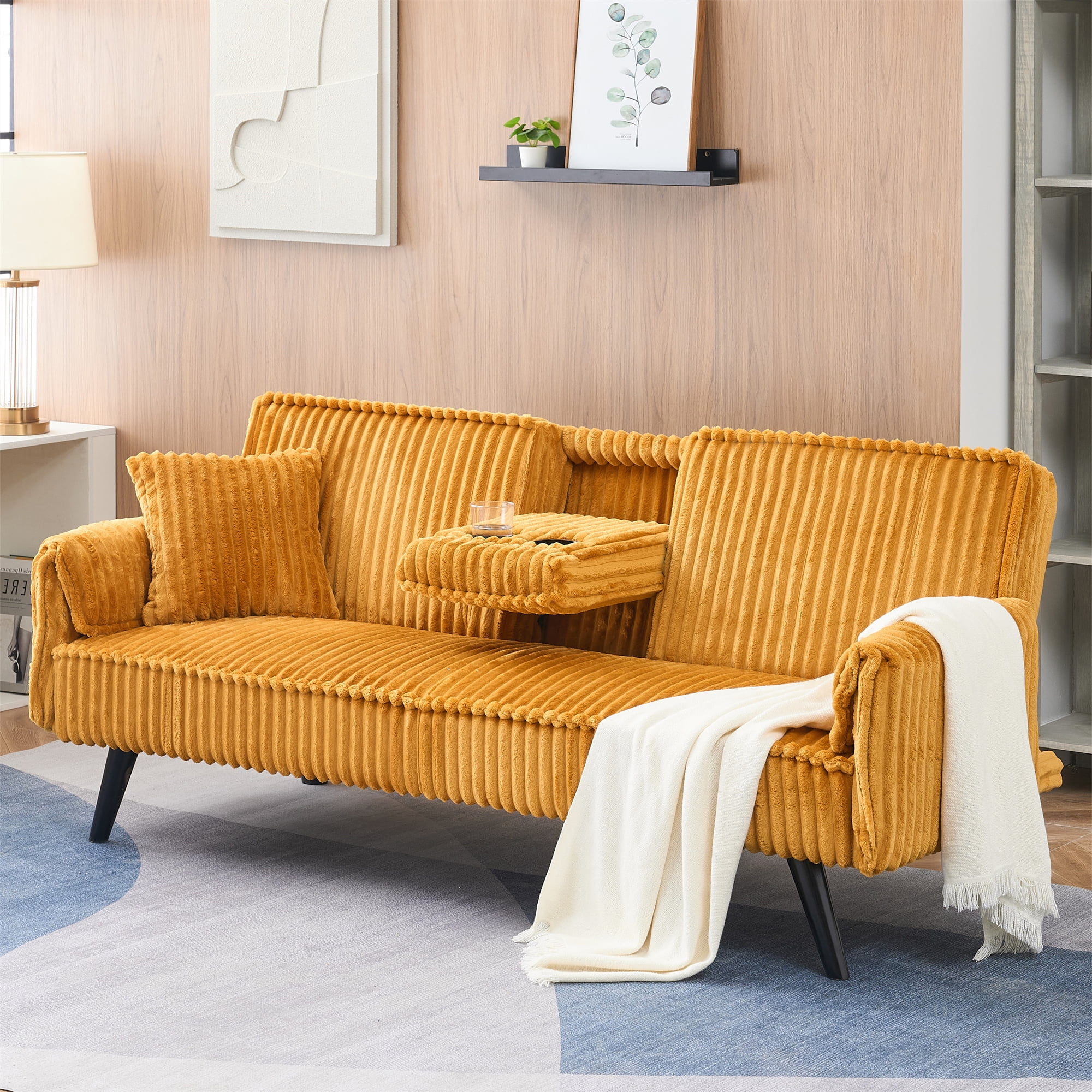 Aukfa Corduroy Futon Convertible Sofa Bed, 2 Cup Holders& Aukfa Corduroy Futon Convertible Sofa Bed, 2 Cup Holders&
