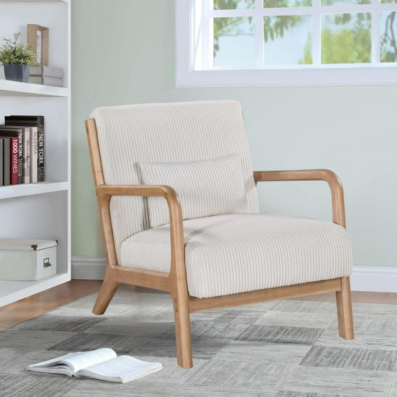 Aukfa Corduroy Mid Century Modern Accent Chair w/ Wood Frame&Pillow for Living Room, Beige