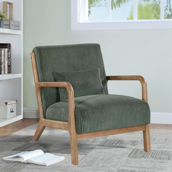 Aukfa Corduroy Mid Century Modern Accent Chair w/ Wood Frame&Pillow for Living Room, Frosty Green