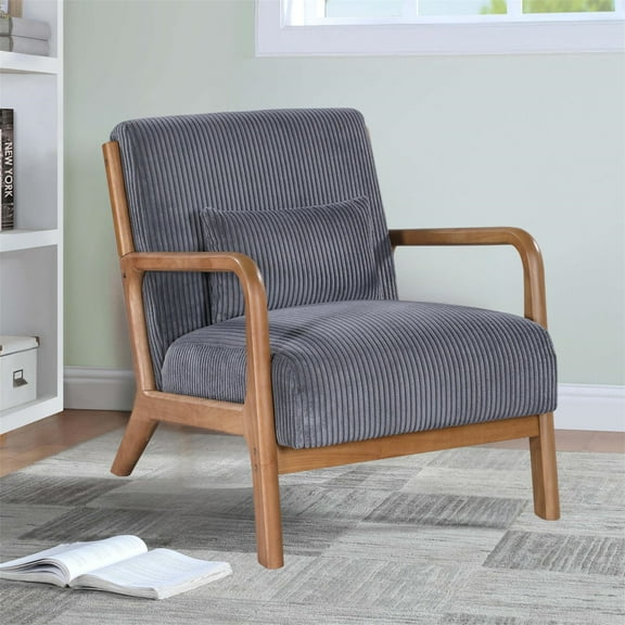 Aukfa Corduroy Mid Century Modern Accent Chair w/ Wood Frame&Pillow for Living Room, Gray