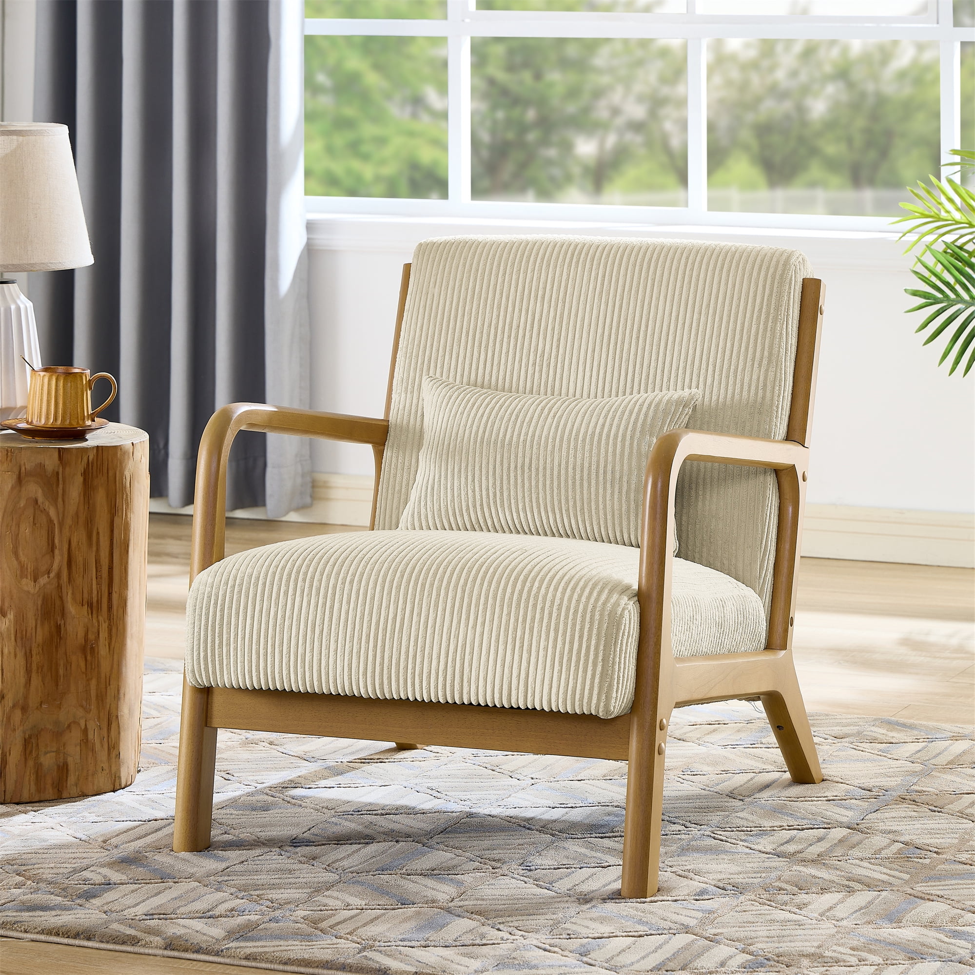 Aukfa Corduroy Mid Century Modern Accent Chair w/ Wood Frame&Pillow for Living Room, Khaki