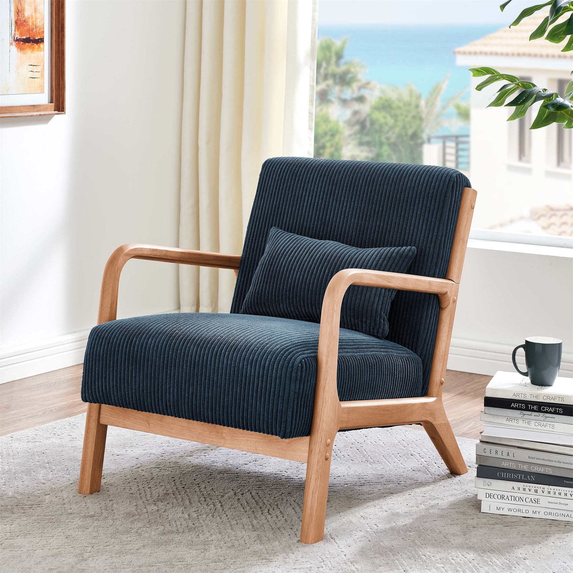 Aukfa Corduroy Mid Century Modern Accent Chair w/ Wood Frame&Pillow for Living Room, Peacock Blue