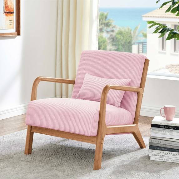 Aukfa Corduroy Mid Century Modern Accent Chair w/ Wood Frame&Pillow for Living Room, Pink