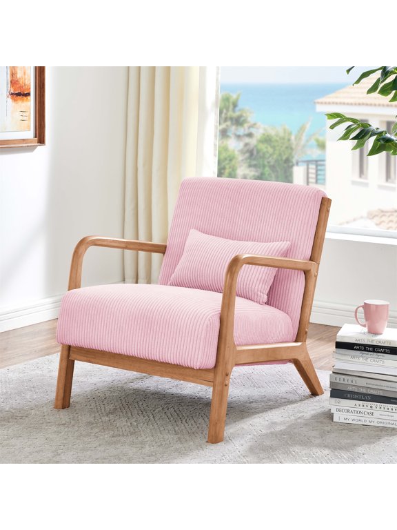 Corduroy Mid Century Modern Accent Chair w/ Wood Frame&Pillow for Living Room, Pink