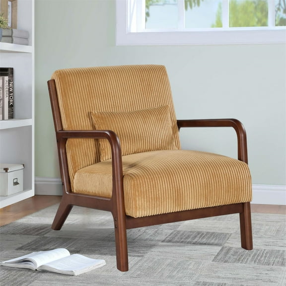 Aukfa Corduroy Mid Century Modern Accent Chair w/ Wood Frame&Pillow for Living Room, Yellew