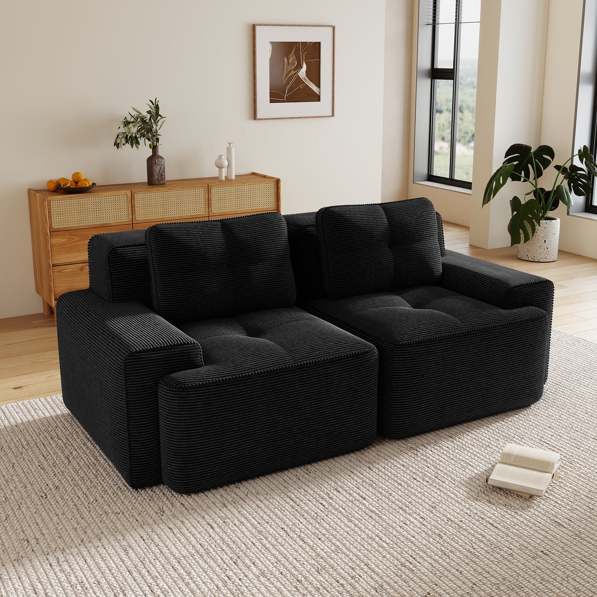 Aukfa Corduroy Modular Sectional Sofa; 29.5" Deep Seat Loveseat, Pearl-Like Trim, Black