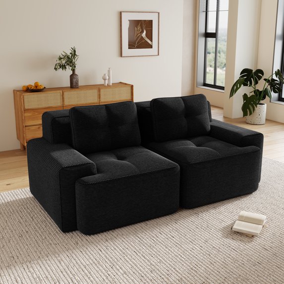 Aukfa Corduroy Modular Sectional Sofa; 29.5" Deep Seat Loveseat, Pearl-Like Trim, Black