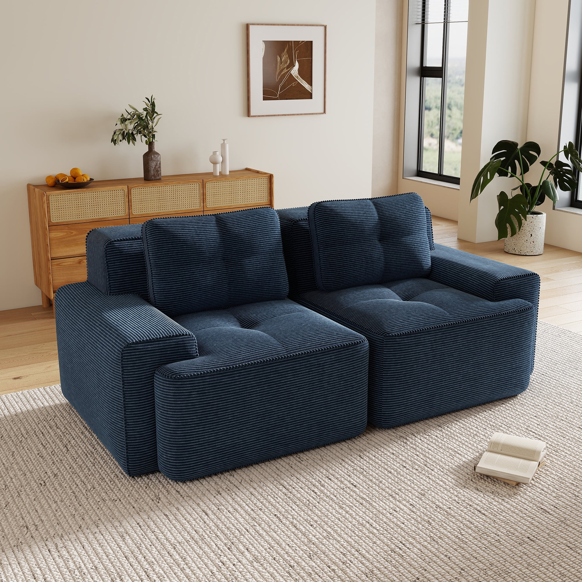 Aukfa Corduroy Modular Sectional Sofa; 29.5" Deep Seat Loveseat, Pearl-Like Trim, Blue