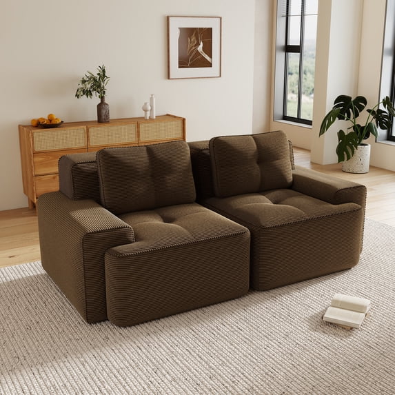 Aukfa Corduroy Modular Sectional Sofa; 29.5" Deep Seat Loveseat, Pearl-Like Trim, Brown
