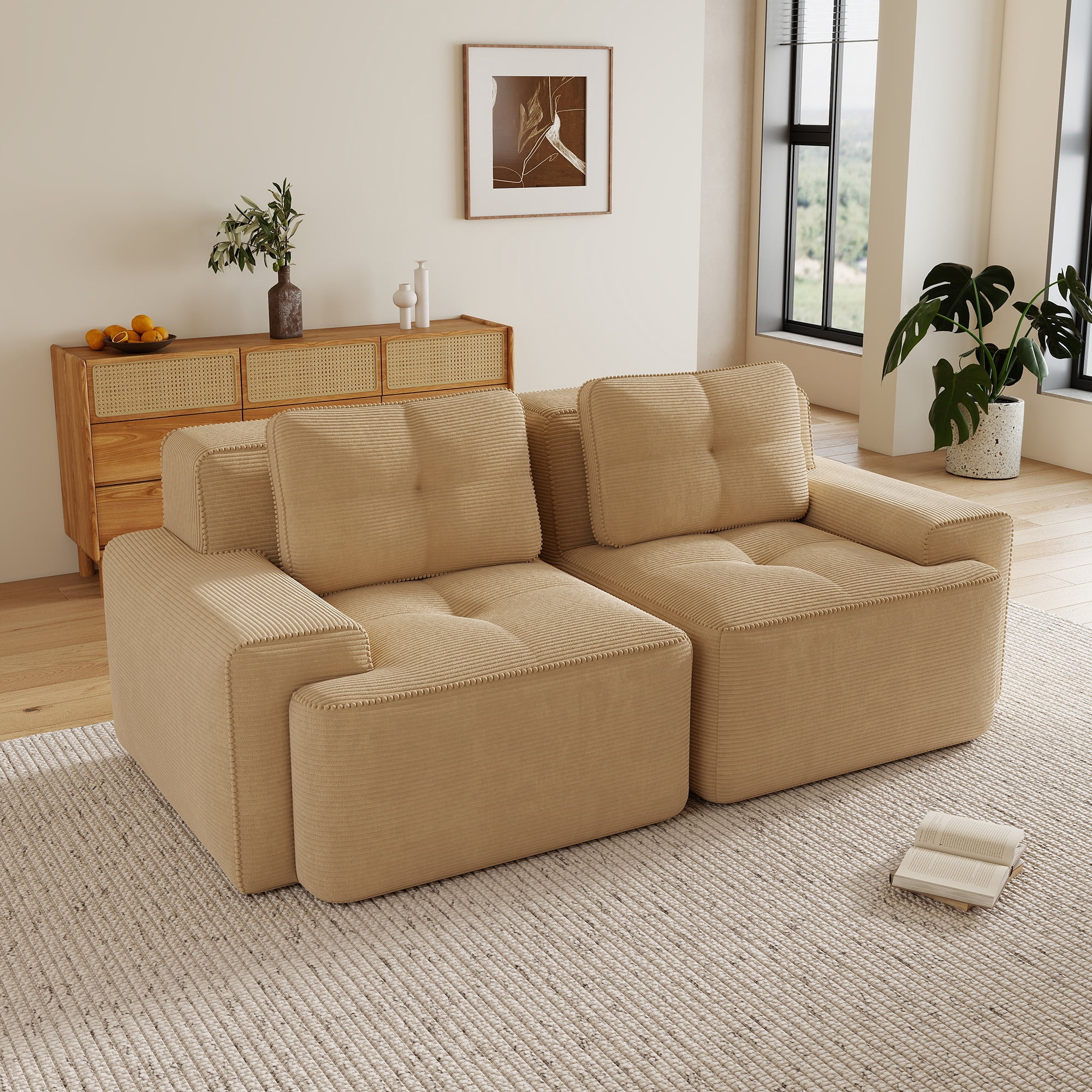 Aukfa Corduroy Modular Sectional Sofa; 29.5" Deep Seat Loveseat, Pearl-Like Trim, Camel