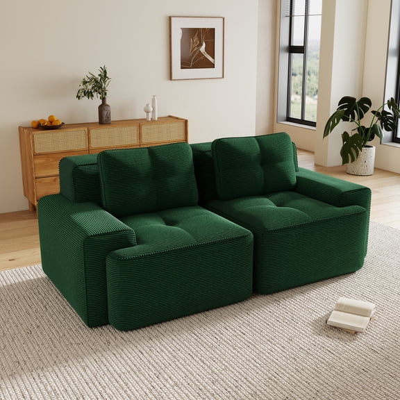 Aukfa Corduroy Modular Sectional Sofa; 29.5" Deep Seat Loveseat, Pearl-Like Trim, Green