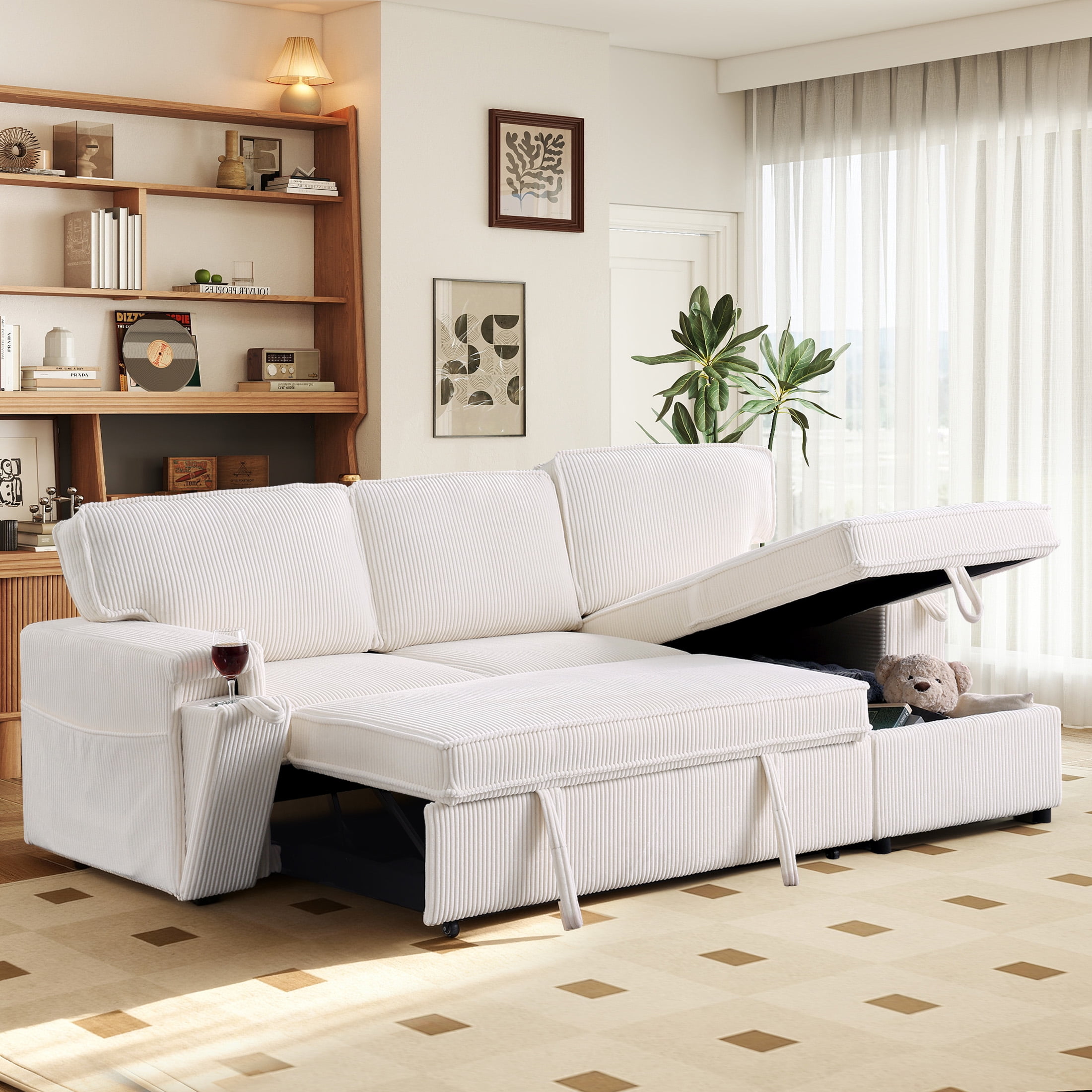 Aukfa Corduroy Pull Out Sofa Bed, Reversible Sectional Couch with Storage Chaise, Hidden Cup Holder, Beige