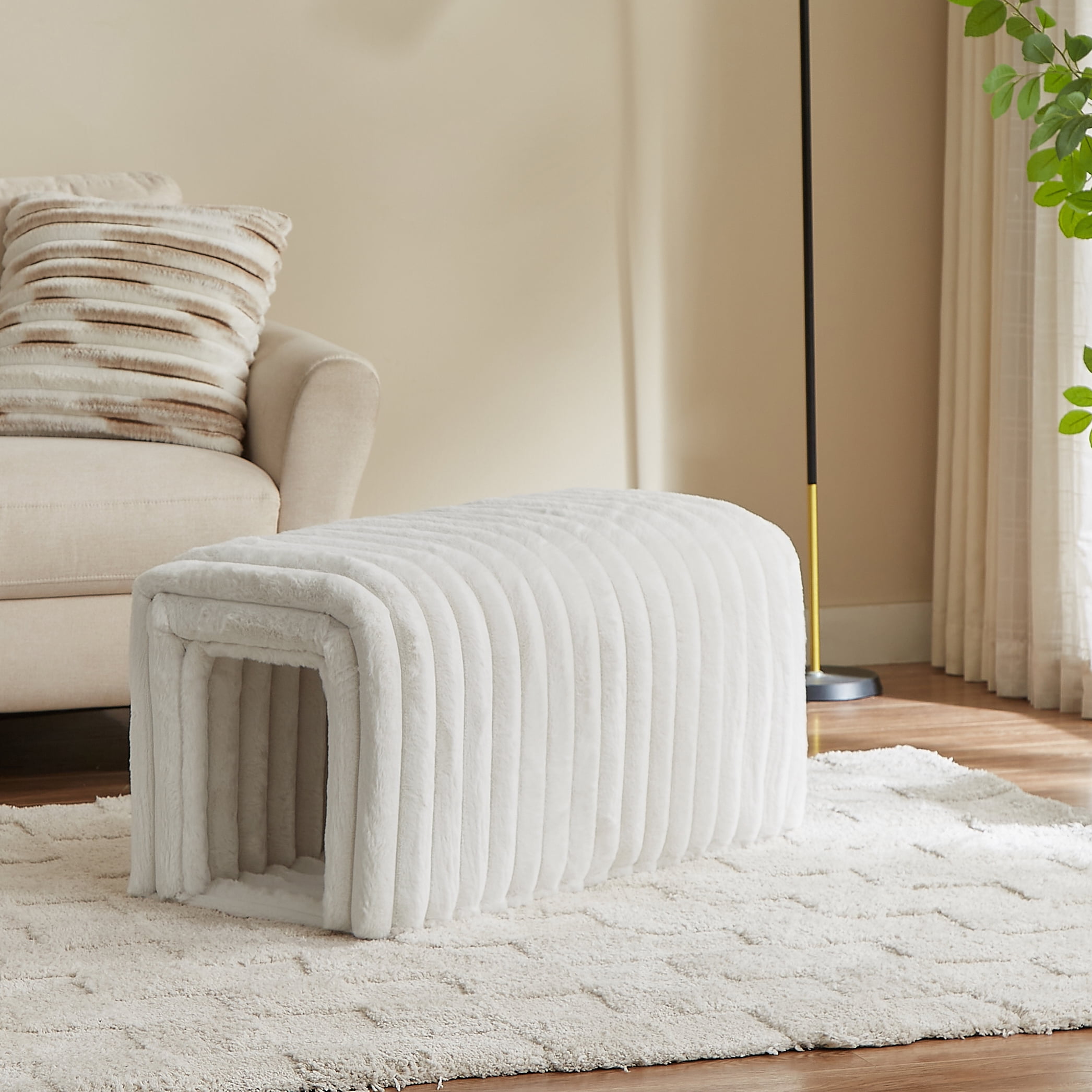 Aukfa Corduroy Storage Ottoman Bench, Upholstered Bench Cat House for Living Room/Entryway - Beige