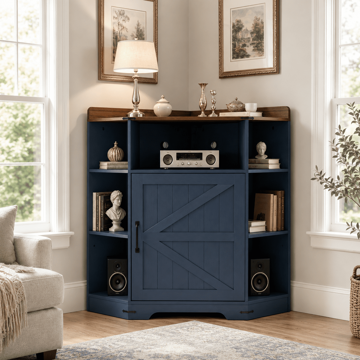 Aukfa Corner Cabinet with Charging Station,3-Tier Storage Shelf with 6 Cubbies, Navy