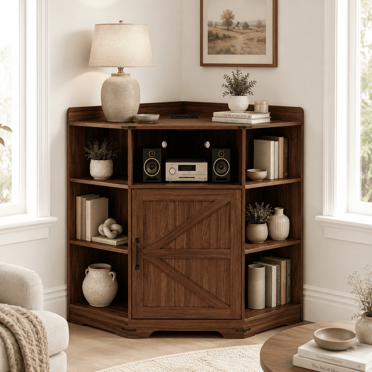 Aukfa Corner Cabinet with Charging Station,3-Tier Storage Shelf with 6 Cubbies, Walnut