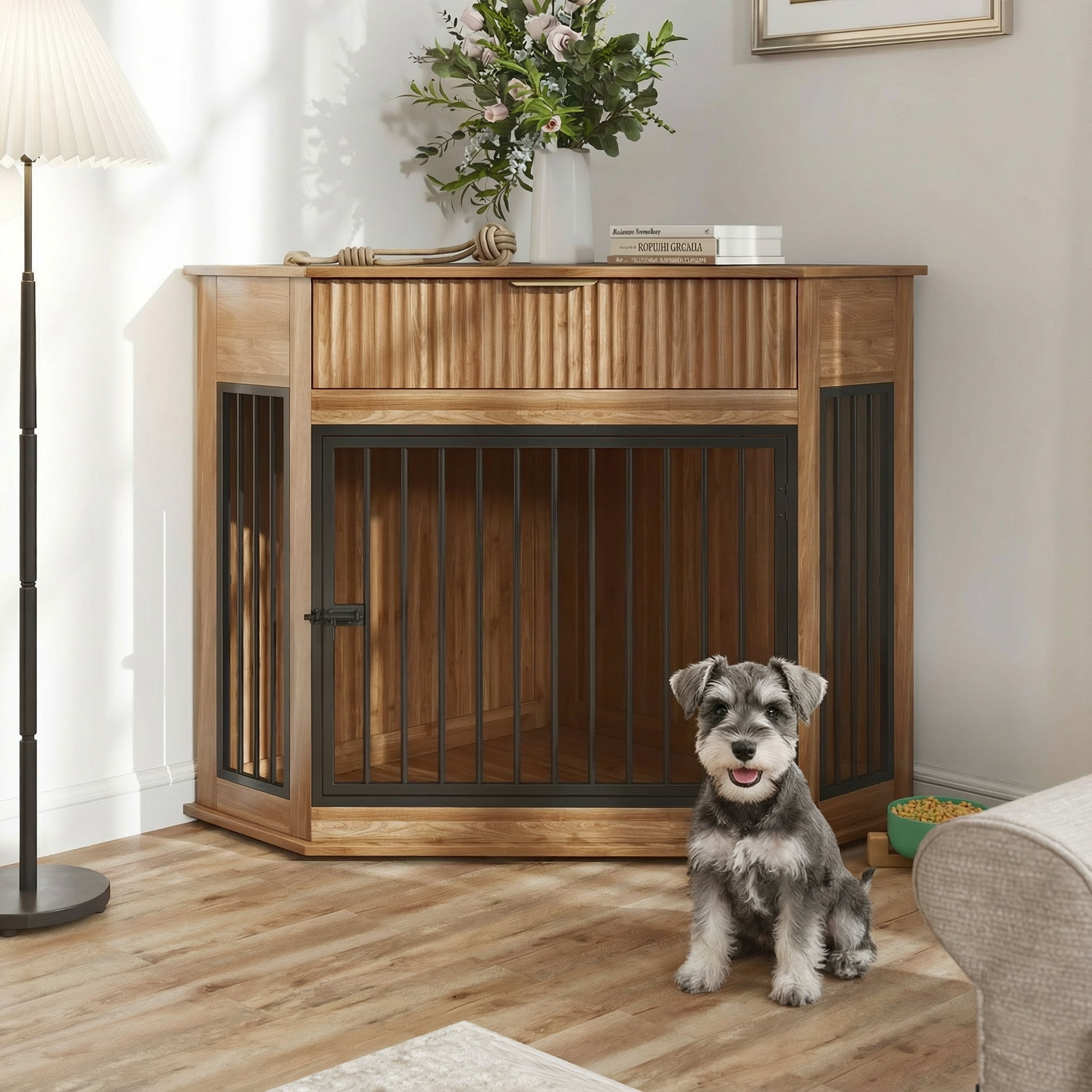 Aukfa Corner Dog Crate Furniture, Small to Medium Dog Kennel with Fluted Drawer for Home Indoor,Brown