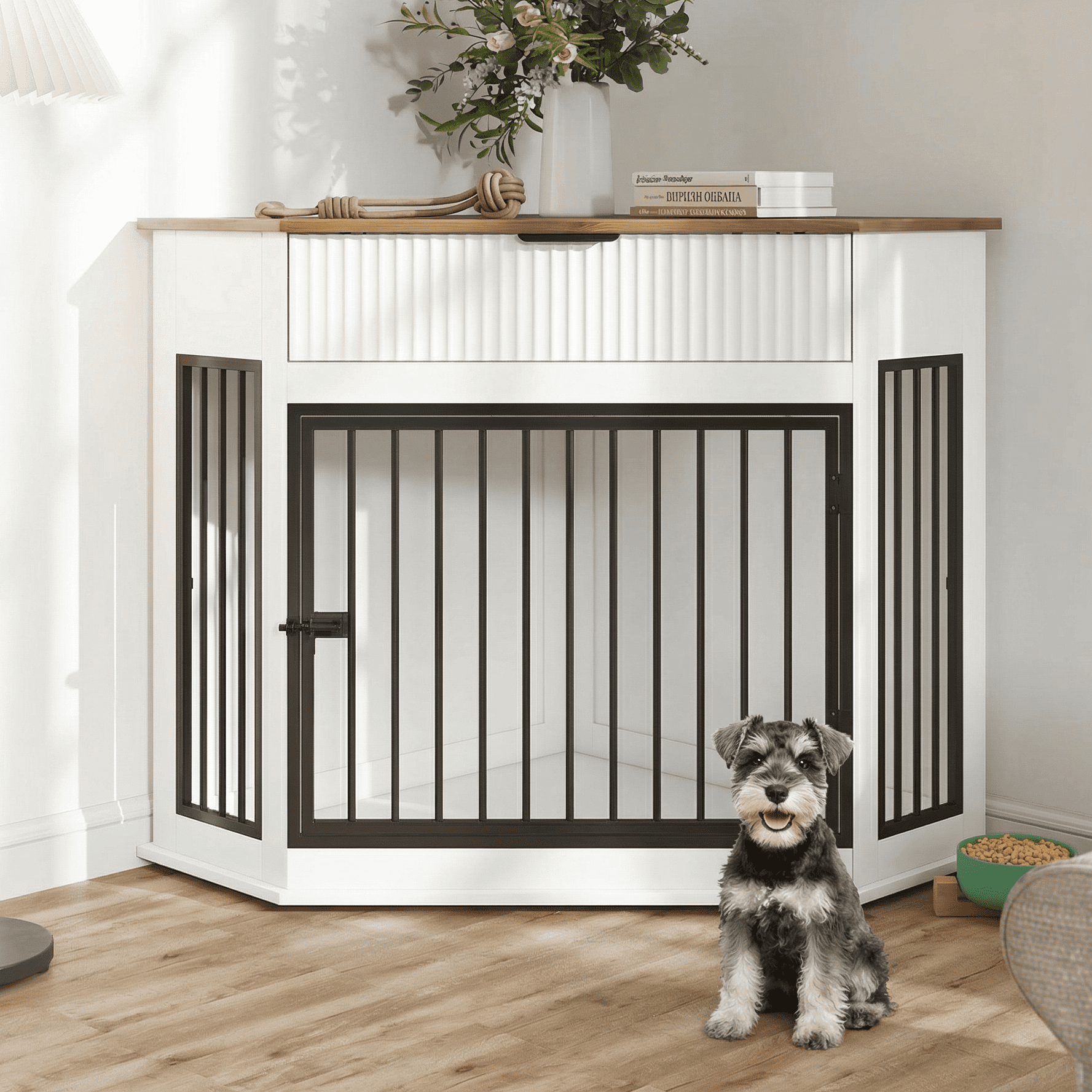 Aukfa Corner Dog Crate Furniture, Small to Medium Dog Kennel with Fluted Drawer for Home Indoor,White
