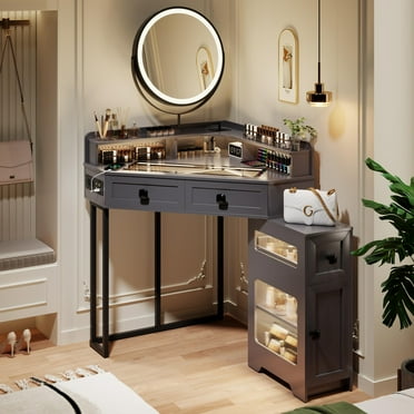 Aukfa Corner Makeup Vanity Table Set with Mirror and Lights, Power Outlet, Drawers and Shelves,Gray