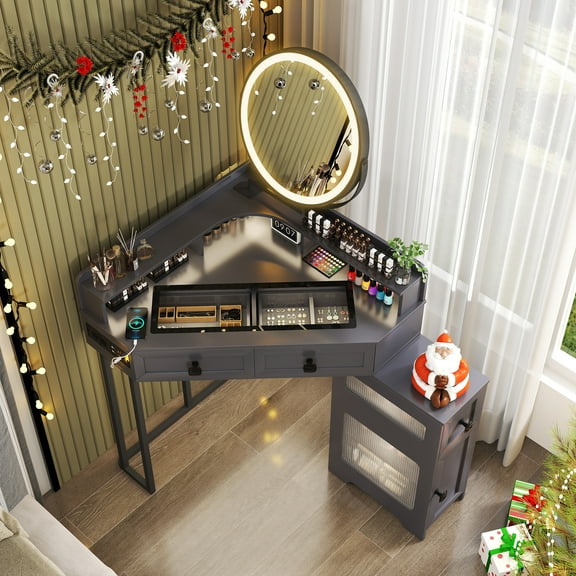 Aukfa Corner Vanity Desk with Mirror, LED Lights, Drawers & Outlet, Vanity Table for Girls, Gray