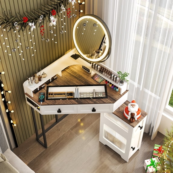 Aukfa Corner Vanity Desk with Mirror, LED Lights, Drawers & Outlet, Vanity Table for Girls, White
