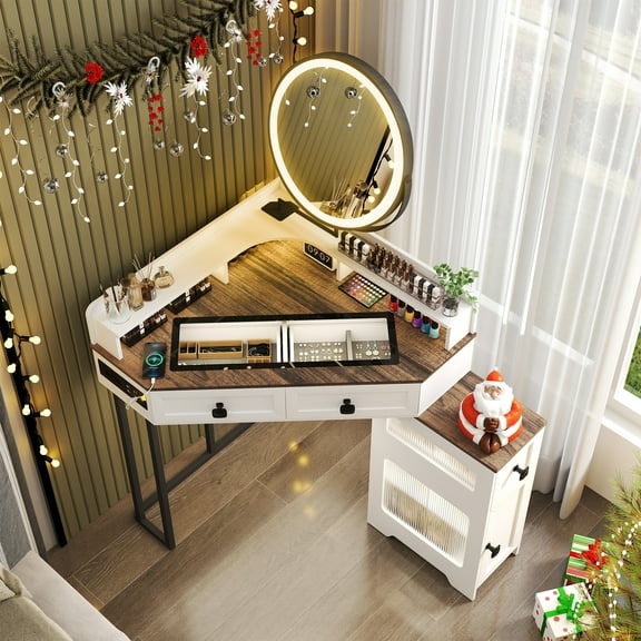 Aukfa Corner Vanity Desk with Mirror, LED Lights, Drawers & Outlet, Vanity Table for Girls, White