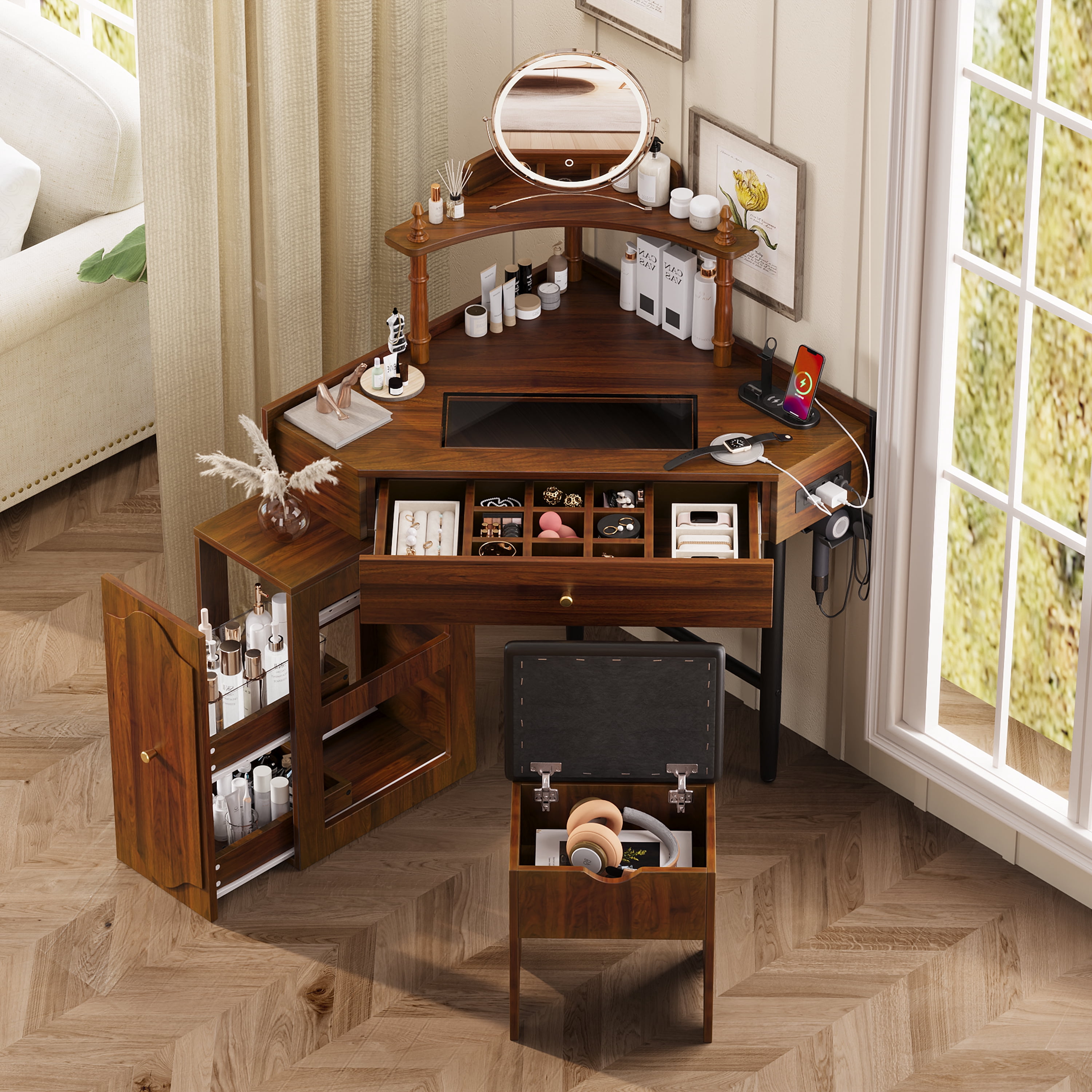 Aukfa Corner Vanity Set with Charging Station, Glass Desk & Removable Organizer Cabinet, Makeup Table with Stool,Walnut